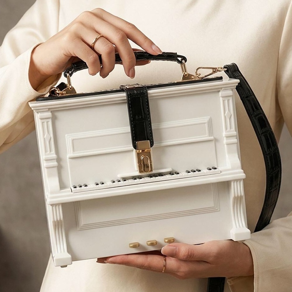 Novelty Piano Box Handbag in White with Black Handle